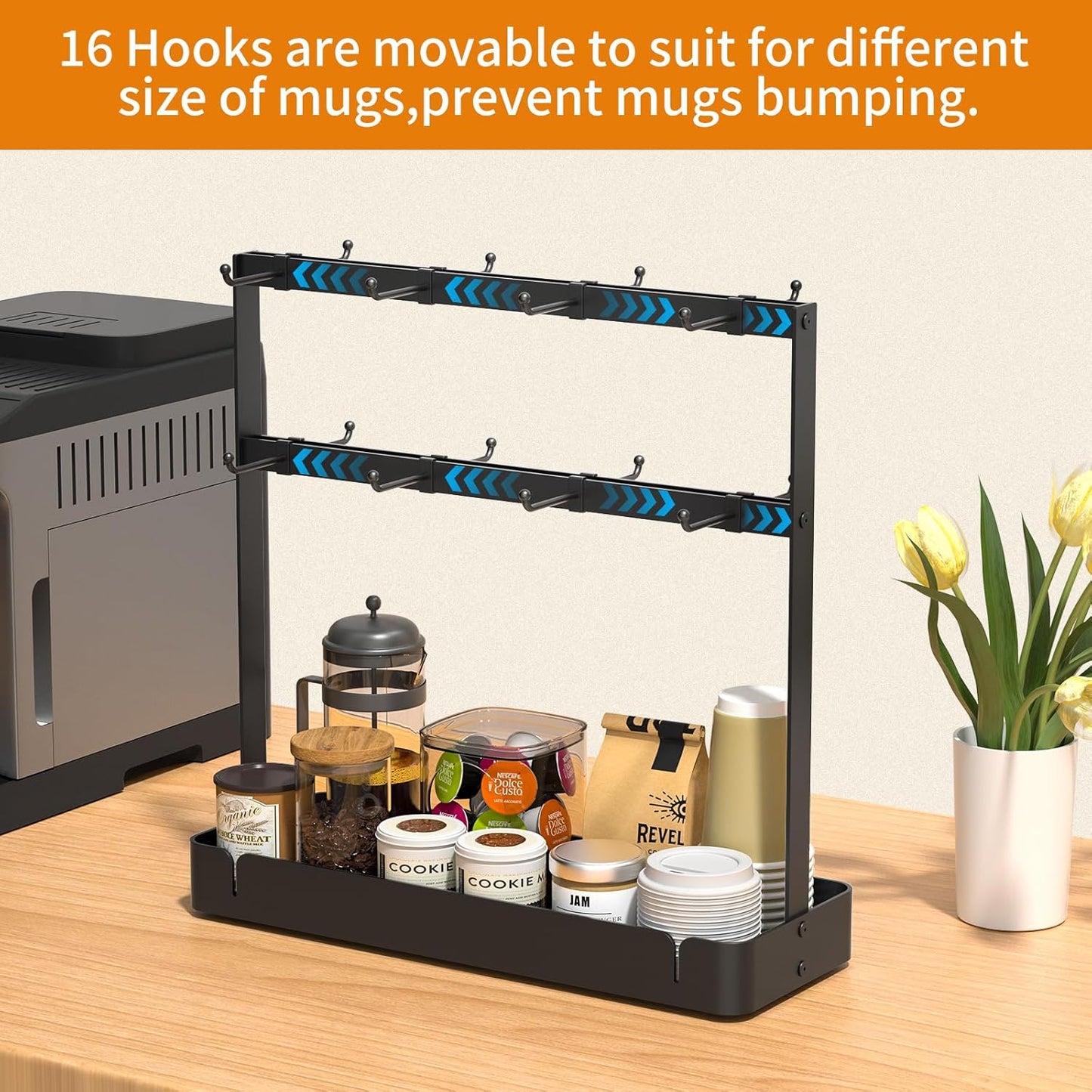 RCHYFEED Countertop Coffee Cup Holder, Aluminum Alloy Mug Holder Organizer with 16 Movable Hooks, 2 Tier Mug Tree Stand Rack with Storage Basket for K Cup Coffee Bar Kitchen