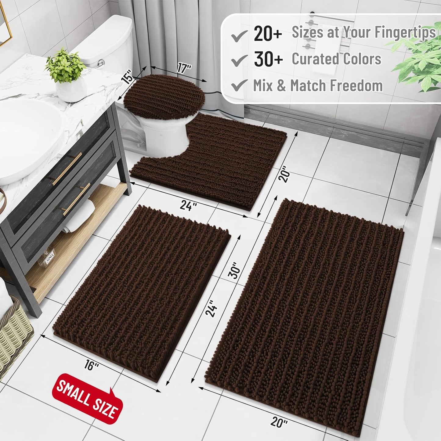 Arotive Luxury Chenille Bathroom Rug Mat, Extra Soft Thick Absorbent Shaggy Bath Rugs, Non-Slip Machine Wash Dry, Plush Bath Mats for Bathroom, Shower and Tub, 44x24, Brown