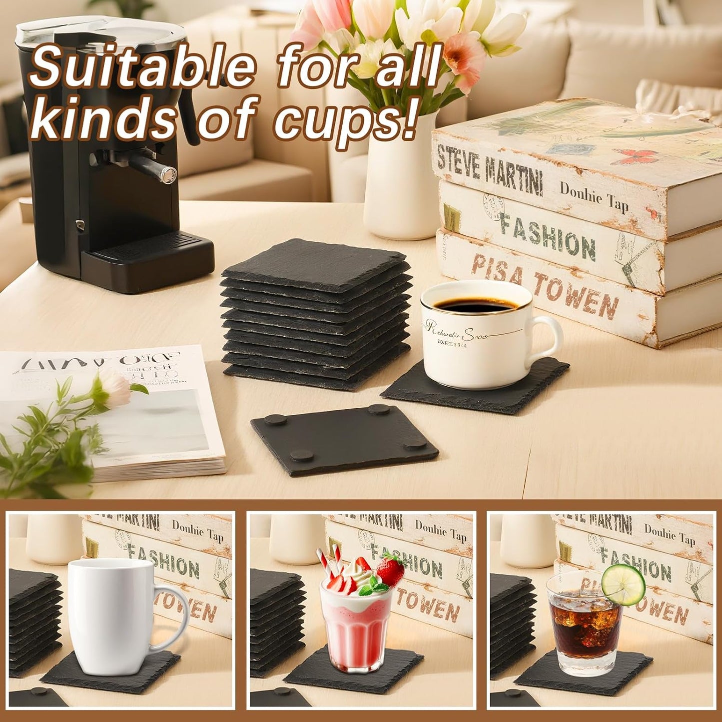24 PCS Slate Coasters Black Square 4 Inch Bulk Rock, Blank Laser Engraving, Scratch Resistant Bottom, Home Office Kitchen Gift Wedding Bar Party (24 PCS Square Coasters)