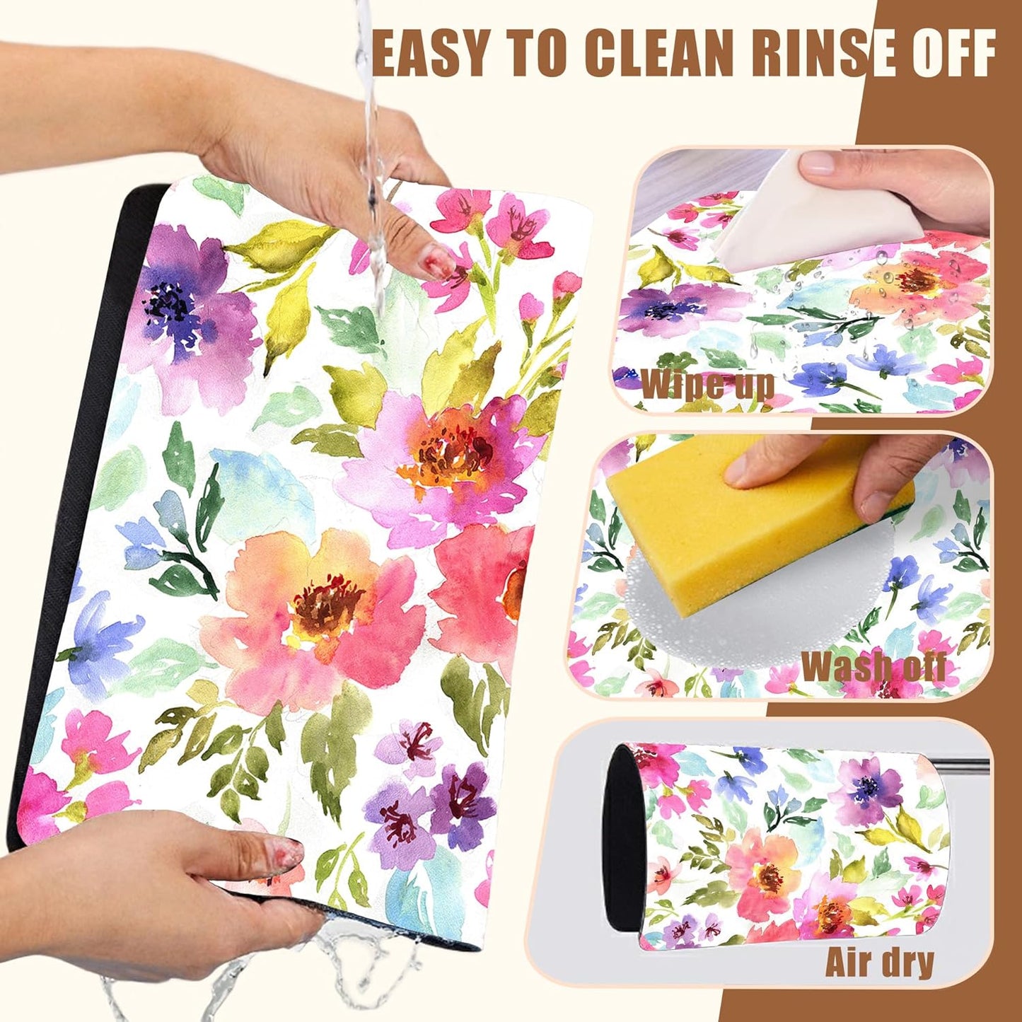 Floral Watercolor Dish Drying Mat Colorful Flowers Coffee Bar Mat for Countertop Hide Stain Rubber Backed Absorbent Dish Drainer Rack Pad Espresso Machine Coffee Pot Dining Room Decor 15.7 x 23.6 Inch