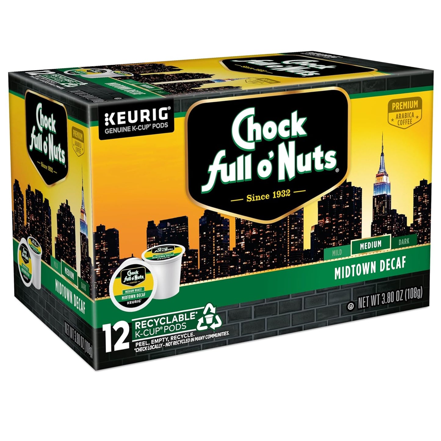 Chock full o’Nuts Midtown Decaf Keurig K-Cup Pods for Keurig Brewers – Premium Arabica, Medium Roast – Single Serve – 6 Packs of 12 K-Cup Pods