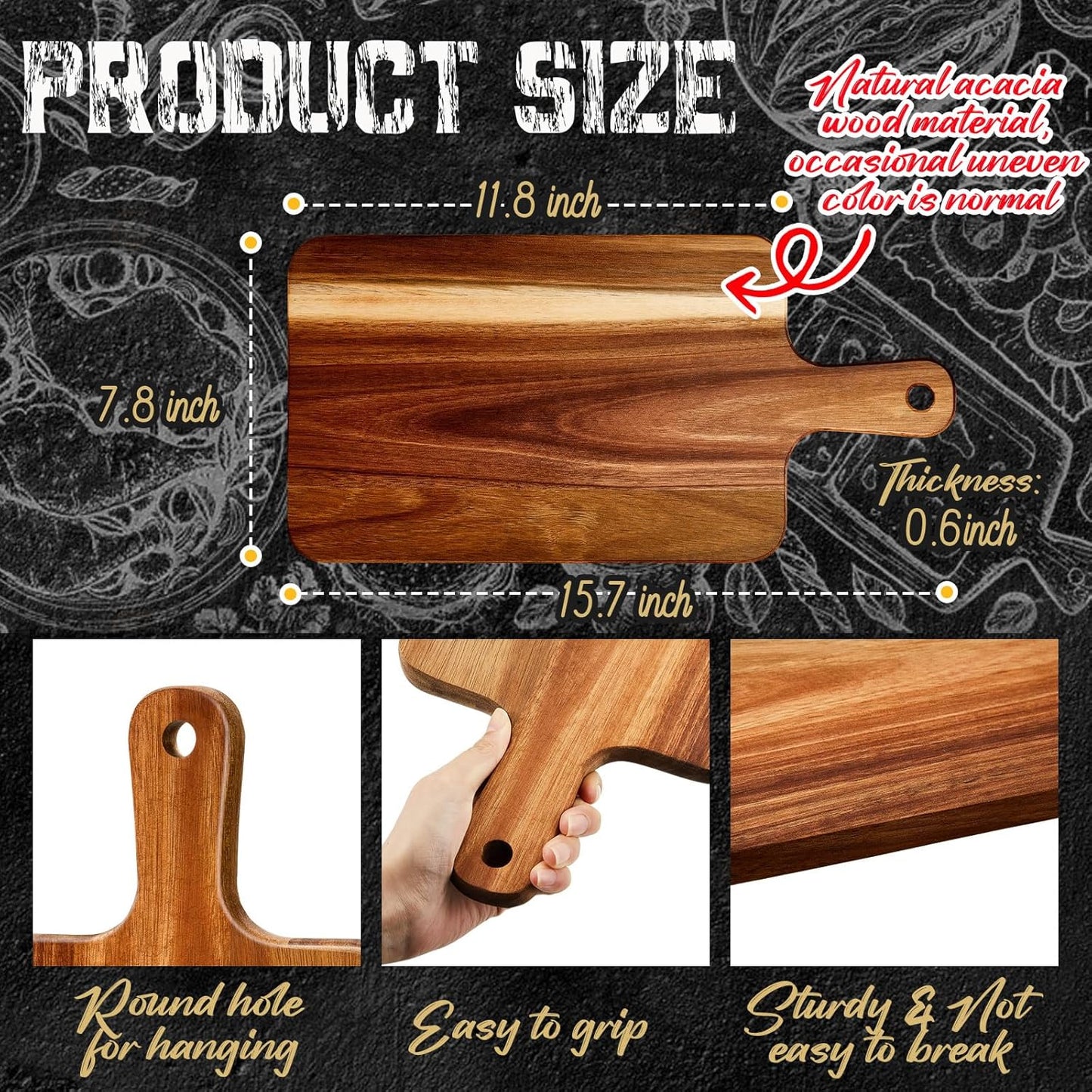 Nuenen 30 Pcs Wood Cutting Board with Handle 15.7 x 7.8 Inch Acacia Bamboo Wooden Serving Kitchen Chopping Boards for Pizza, Bread, Cheese, Charcuterie, Fruit, Vegetables (Acacia)