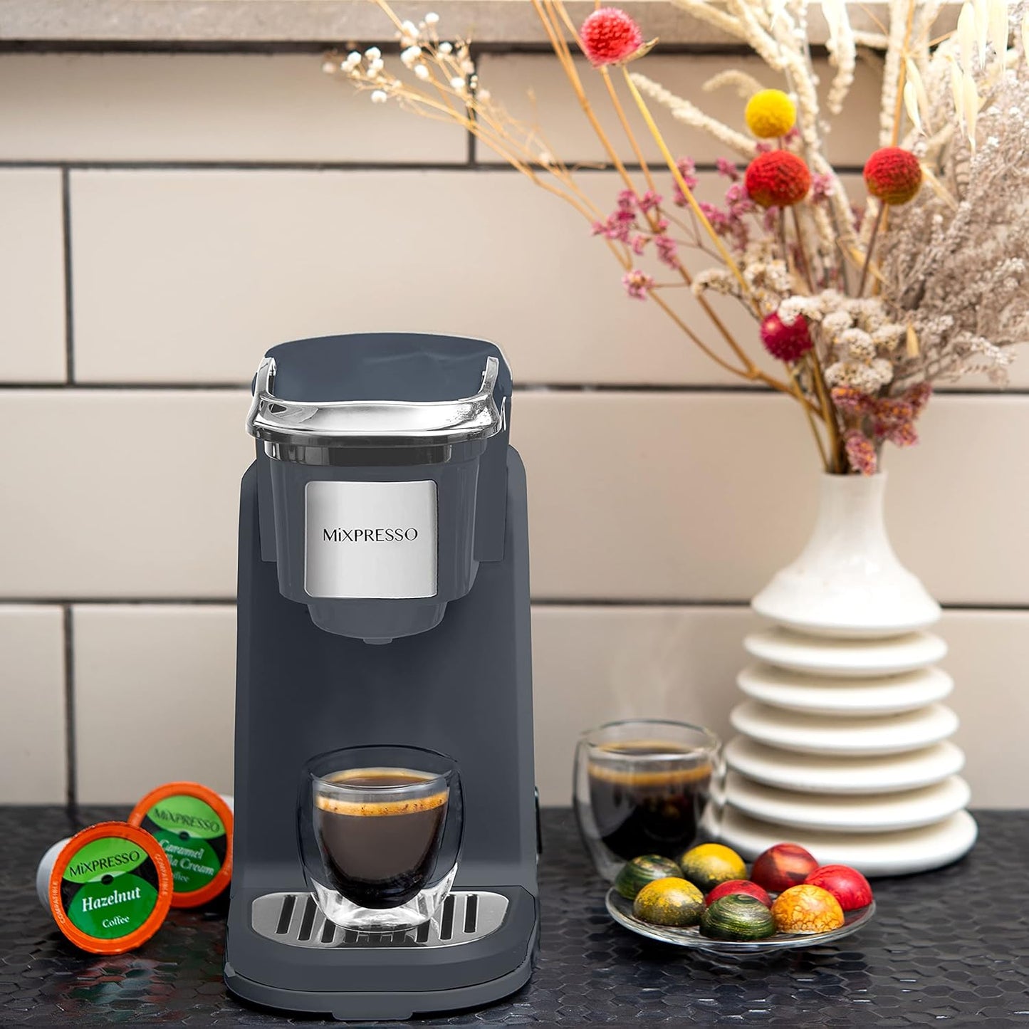 Mixpresso Single Cup Coffee Brewer - Quick Brew, One Touch Function, 12oz One Cup Grey Coffee Maker