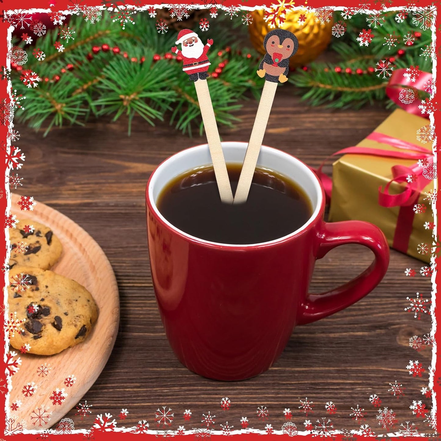 Mifoci 100 Pcs Christmas Wooded Coffee Stirrers African American Christmas Coffee Stir Sticks Disposable Stirring Sticks for Beverage Chocolate Hot Drink Party Supplies, 20 Styles (African American)