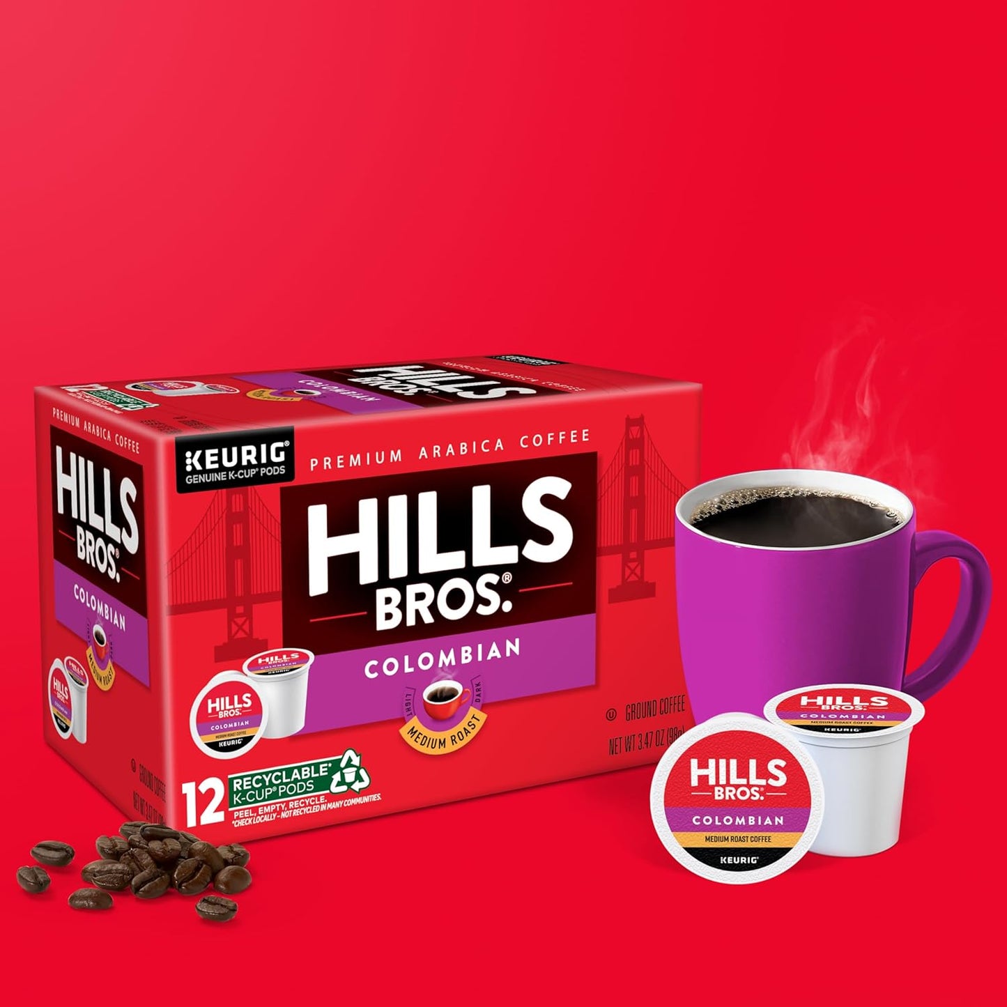 Hills Bros. Colombian Blend Keurig K-Cup Pods for Keurig Brewers – Medium Roast Premium Arabica Blend, Kosher – 2 Pack of 12 Single Serve Pods