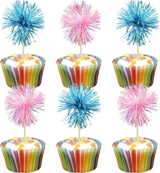 Gyufise 30Pcs Foil Firework Cupcake Toppers Sparkle Tinsel Cake Toppers Tinsel Drink Cake Decoration Cocktail Picks for Birthday Wedding Graduation Party Supplies Light Blue Pink