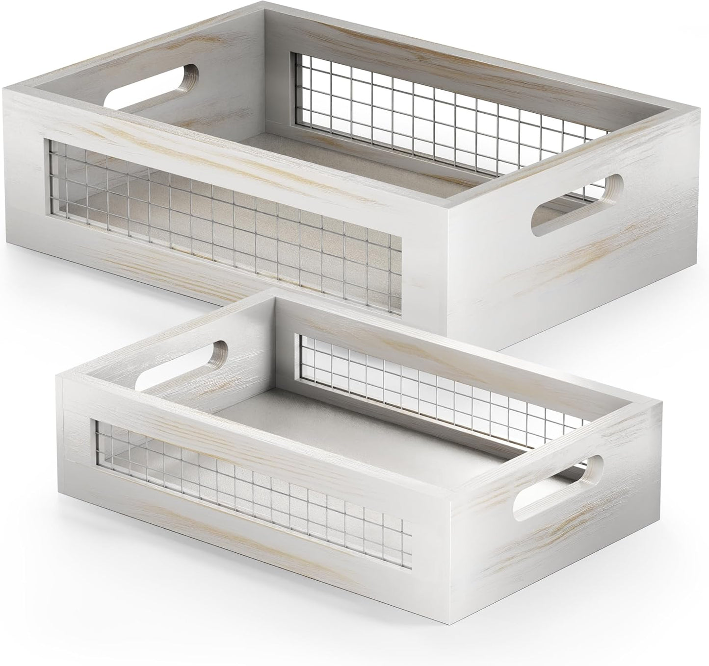 Wooden Countertop Baskets Set of 2 for Kitchen, Bathroom, Pantry|Wall Mount Upgrade with Full Accessories| Rustic Nesting Boxes|Wooden Organizer Crates for Fruit, Vegetables, Produce, Bread