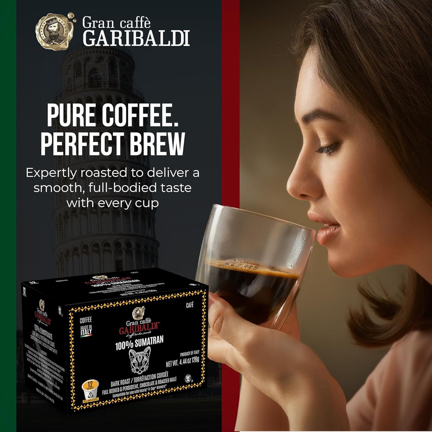 Caffè Garibaldi Colombian Coffee Pods, for Keurig K-Cup Brewers, Single Serve Cups with 100% Arabica Blend for Coffee Makers, 12 Count Recyclable Pods - Medium Roast