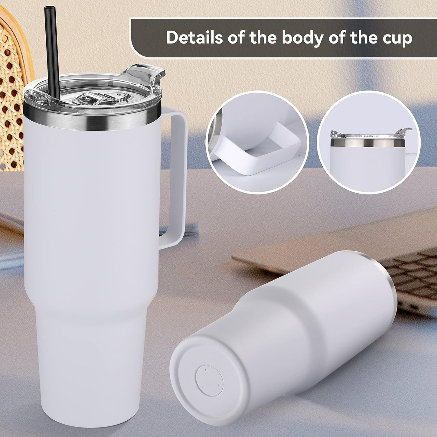 HASLE OUTFITTERS 40 oz Stainless Steel Tumbler with Handle, Vacuum Insulated Tumblers Bulk, Reusable Double Wall Travel Coffee Mug, Durable Powder Coated Water Bottles(White, 4)