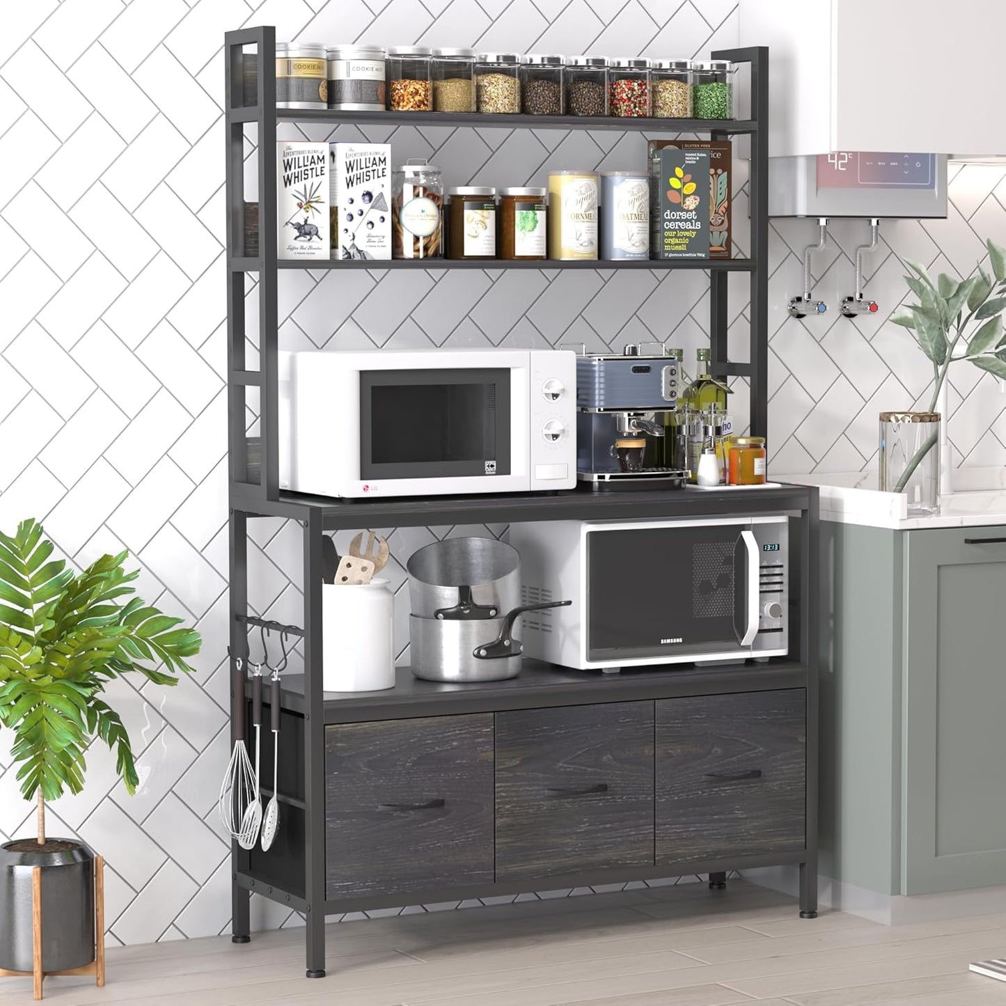 Kitchen Bakers Rack with Baskets,5-Tier Free Standing Storage Shelf Rack,Industrial Microwave Oven Stand,Metal Kitchen Rack Organizer with Hooks(Black)