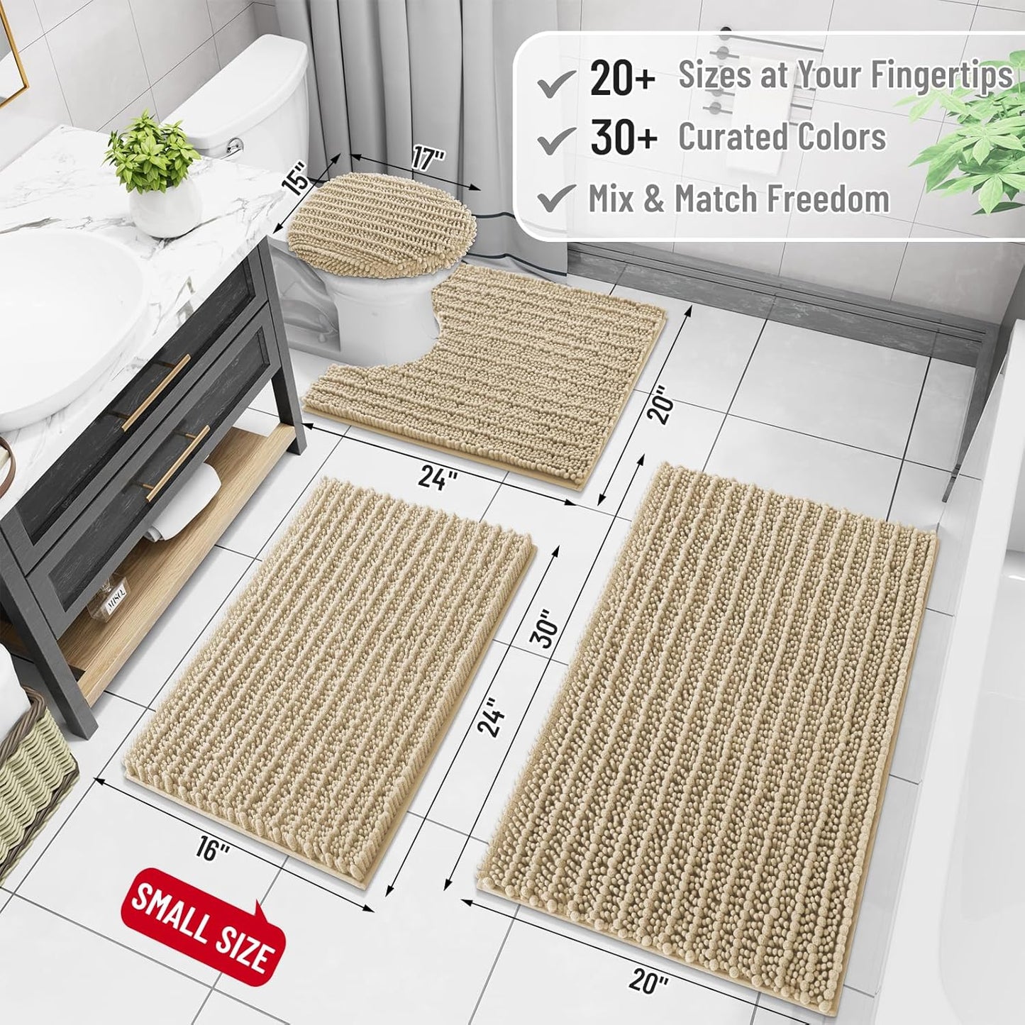 Arotive Luxury Chenille Bathroom Rug Mat, Extra Soft Thick Absorbent Shaggy Bath Rugs, Non-Slip Machine Wash Dry, Plush Bath Mats for Bathroom, Shower and Tub, 70x24, Beige