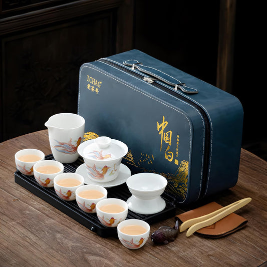 ICHAG Chinese Tea Set, Gongfu Tea Sets for Adults, China Gaiwan Teaset, 14-Piece Yangzhi Jade (茶具) Porcelain Set with Tea Pet, Portable Travel Teaset for Home, Outdoor, Office Gifts (White)