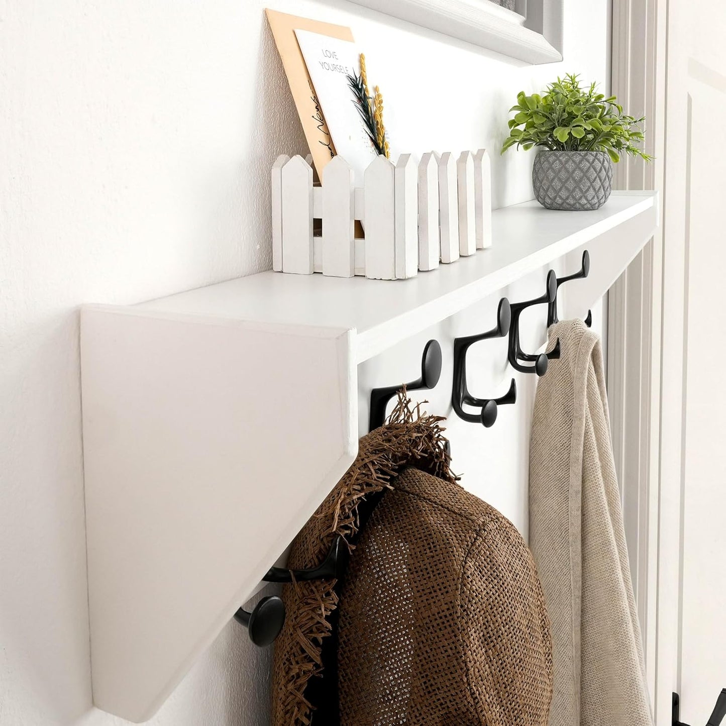SKOLOO Wall Shelf with Hooks, 24-Inch White Coat Rack Wall Mount with Shelf Organizer - Lightweight & Sturdy, 5 Tri Hooks - Perfect for Entryway, Hallway, Living Room, Bedroom, Mudroom