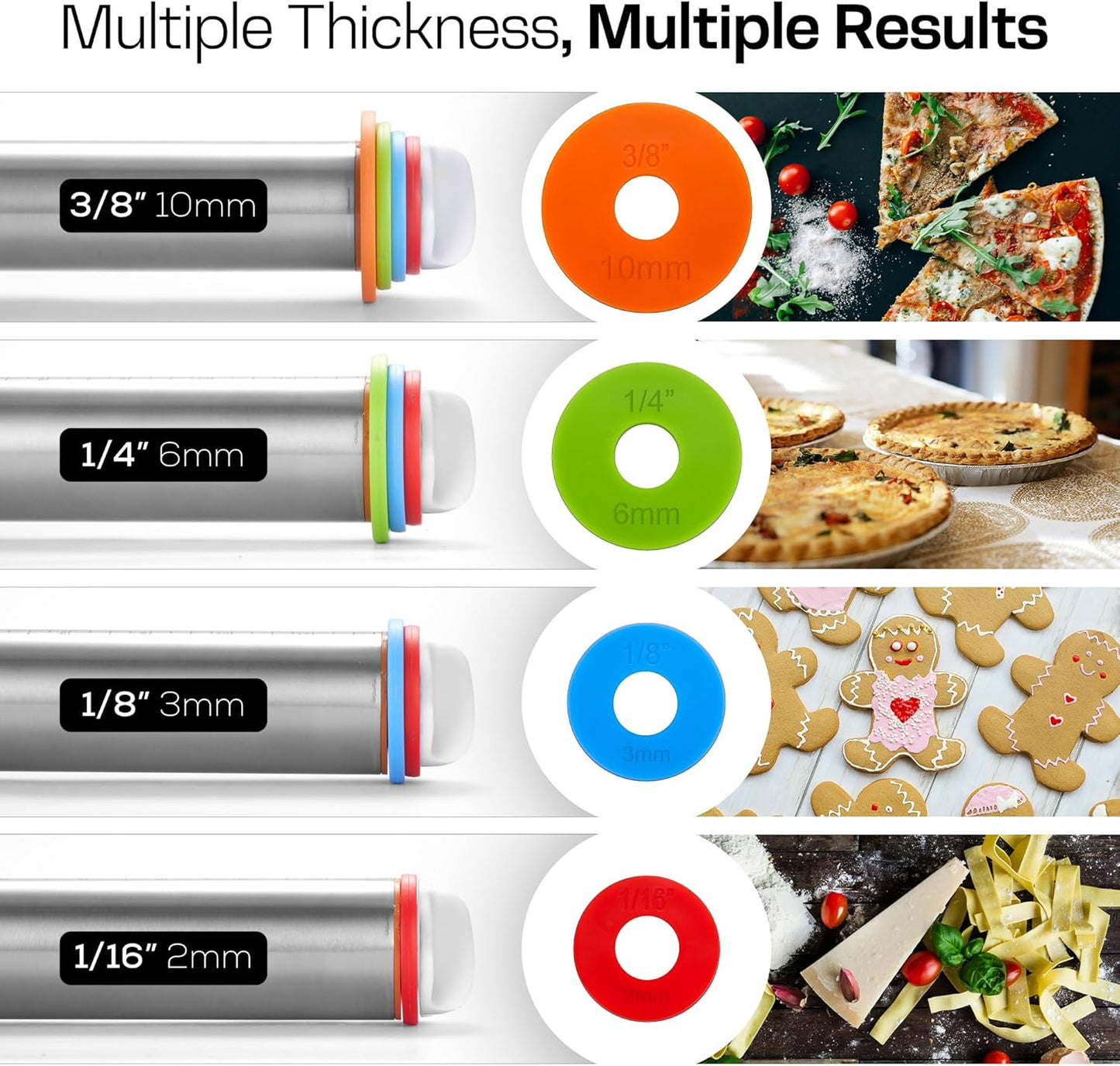 Adjustable Stainless Steel Rolling Pin with 4 Dough Thickness Rings & Non-Stick Red Pastry Mat – 17" Professional Tool for Baking Pizza, Pasta, Cookies & Pie Crusts