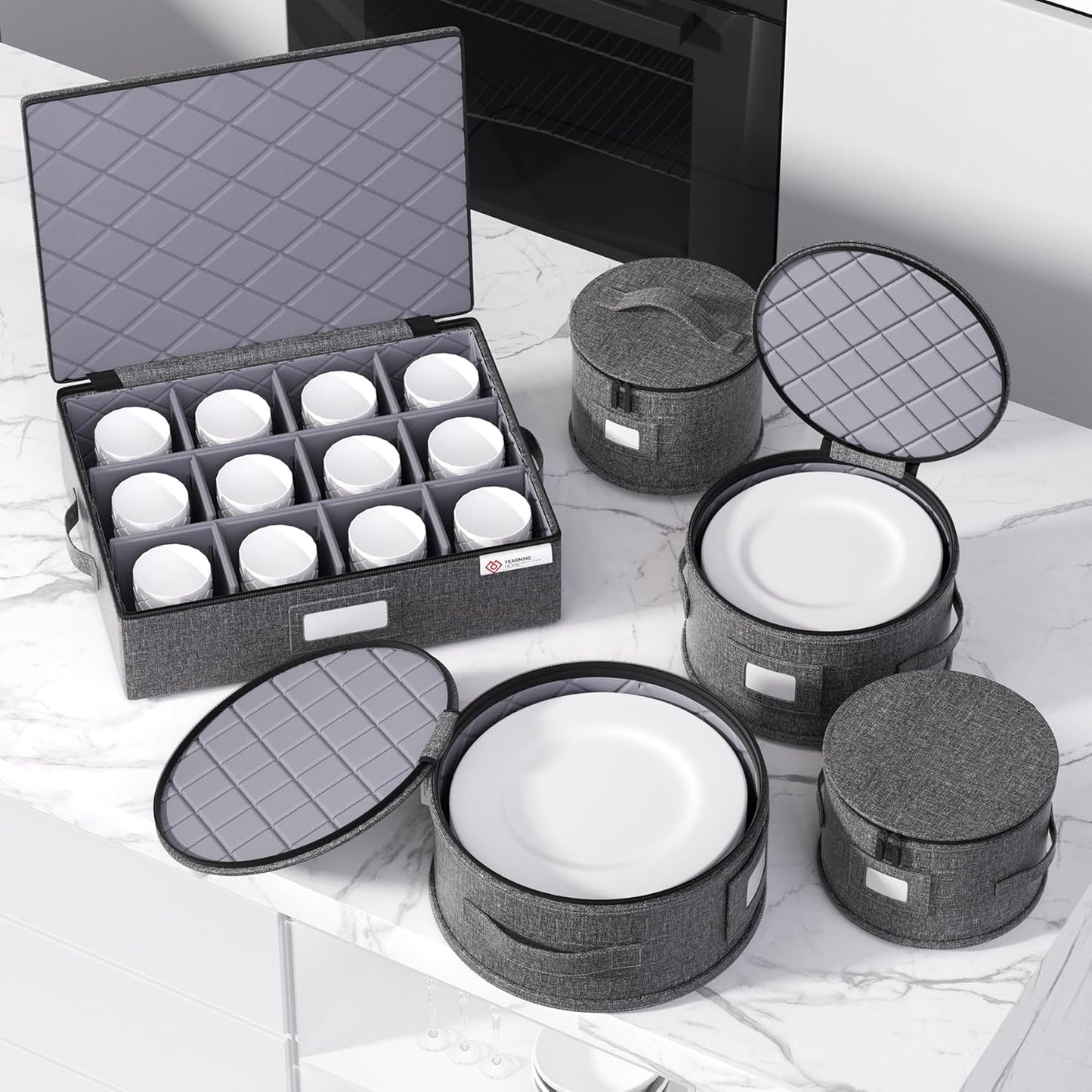 YearningHome China Storage Containers,Hard Shell Box with Felt Dividers for Dishes,Dinnerware,Plates,Mugs,Wine and Glasses,Mugs,Stackable Fine China Storage for Moving and Packing 5 Piece,Grey