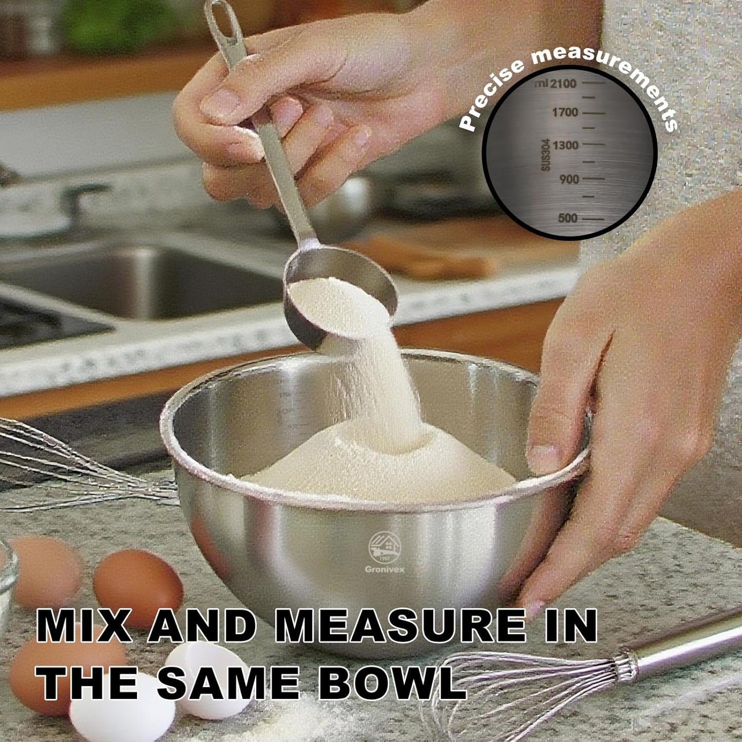 3-Piece Stainless Steel Mixing Bowls Set (6.69" 7.48" 8.27" inch) - Food Grade 304 with Measurement Marks, Dishwasher Safe & Stackable - Perfect for Baking, Salad Making, Meal Prep and Kitchen Use