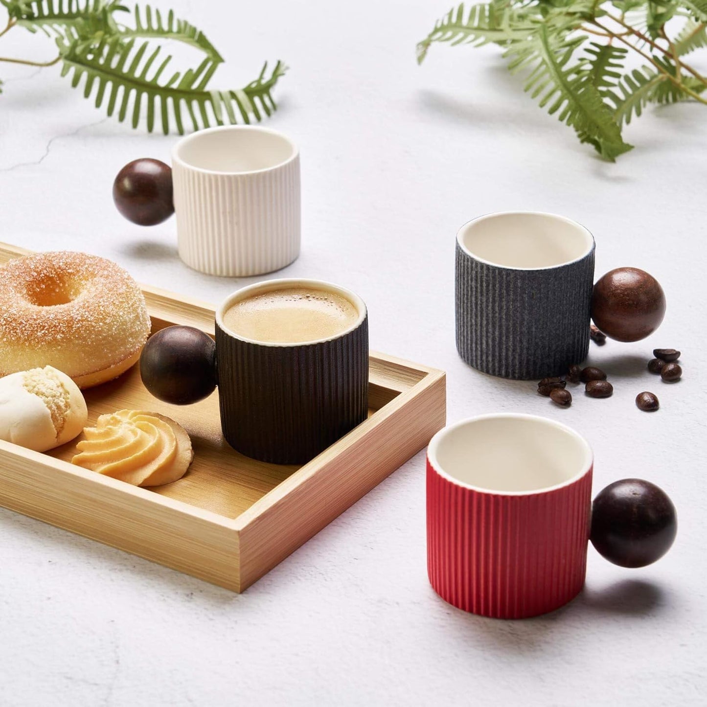 Ceramic Mini Espresso Cups Demitasse Cups with Round Wooden Handle Vertical Stripes Tea Cups (Black/White, 2pcs)