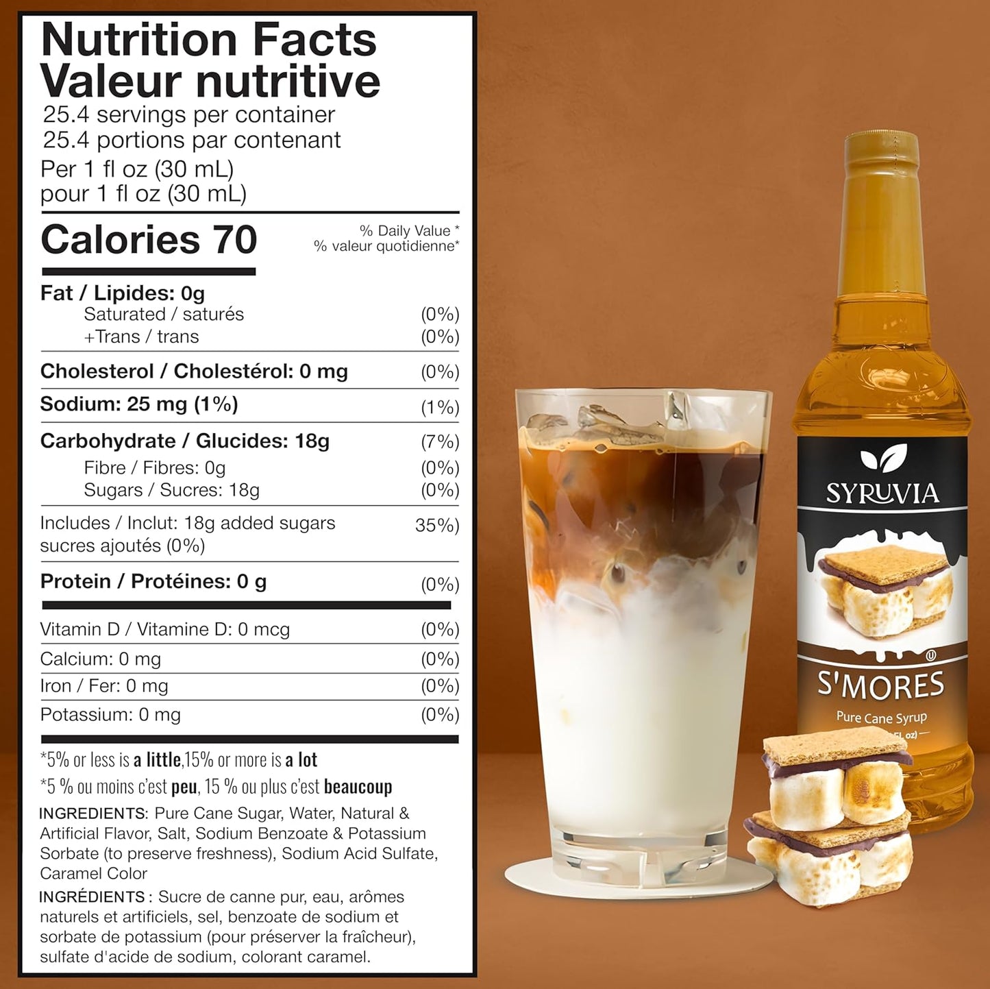 Syruvia S’mores Syrup for Coffee - 25.4 fl oz. Kosher and Gluten-Free. Perfect for Lattes, Smoothies, Shakes, Drinks, Desserts, and More.
