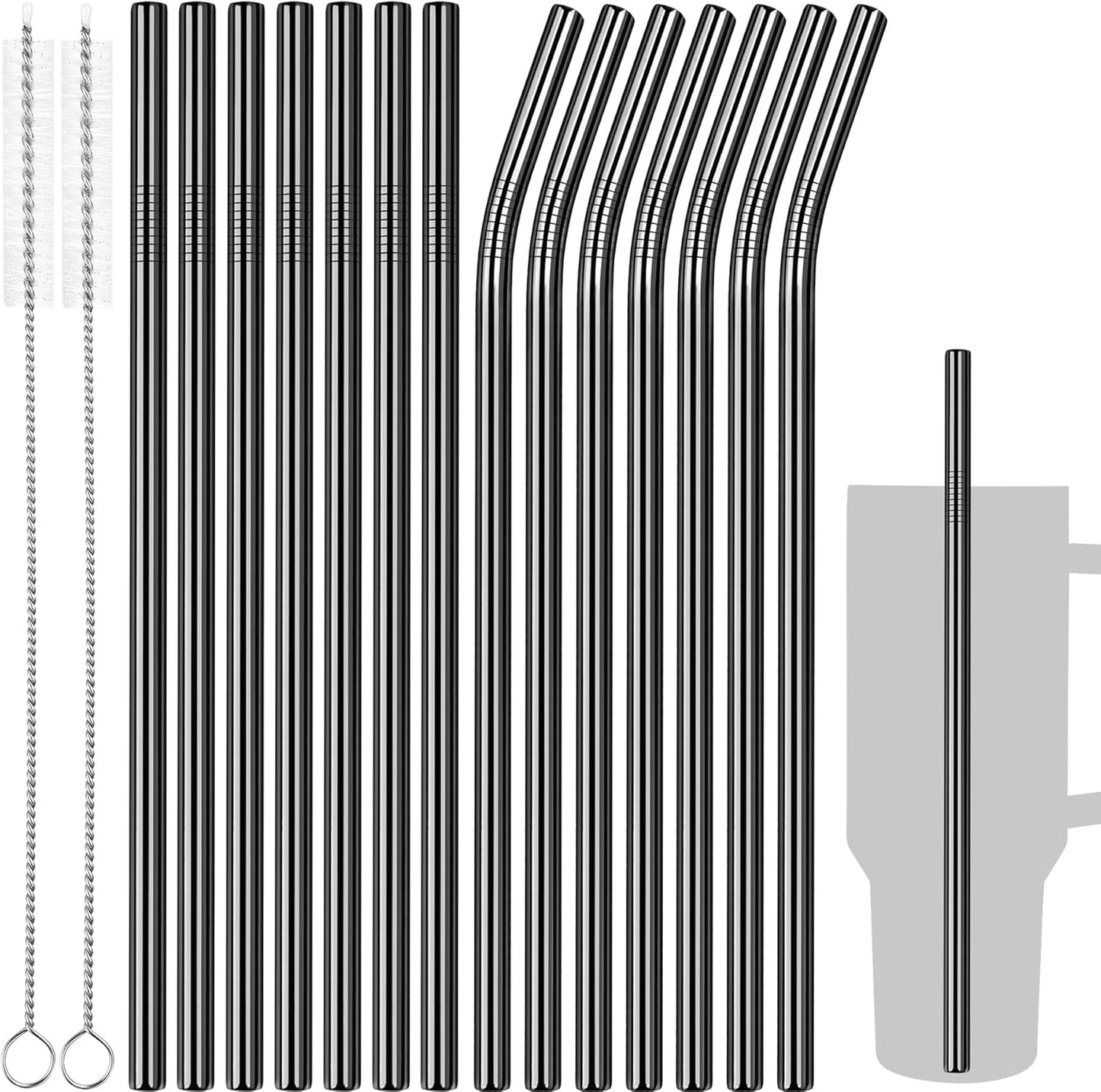 Tomorotec 40oz Straws, 14PCS Stainless Steel Replacement Straws for Stanley 40oz Adventure Quencher Travel Tumblers with Cleaning Brushes 2PCS, Food-Grade, Dishwasher Safe for Smoothies (Black)