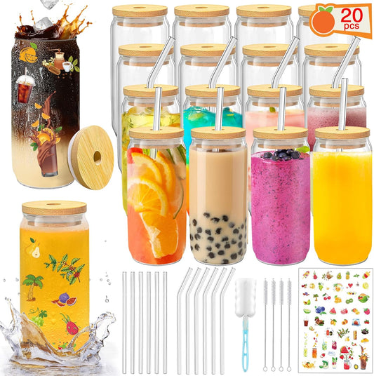Glass Cups with Lids and Straws 20 Pcs 16 oz Ice Coffee Cup Skinny and Long Can Beer Cups Set Drinking Glasses with Bamboo Lids Reusable Glass Cups Ideal for Smoothies & Beverages