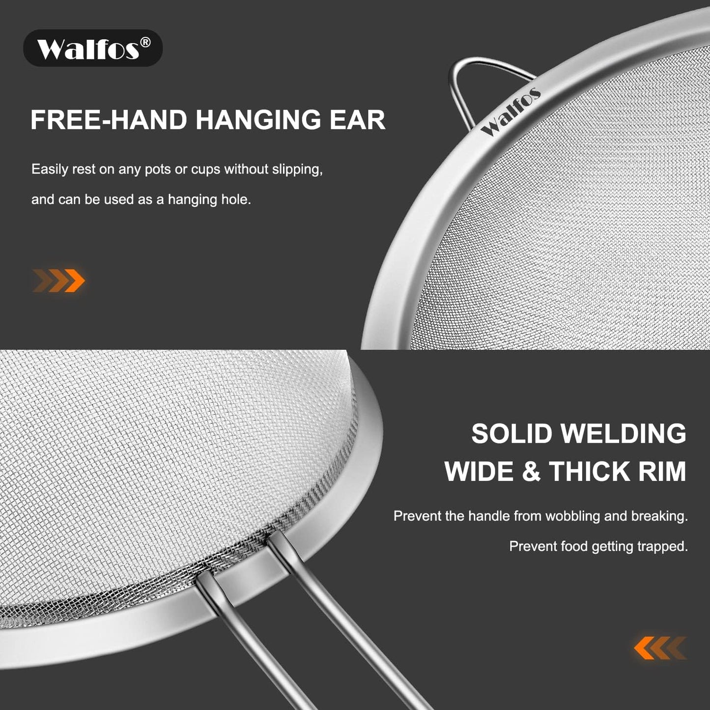 Walfos Fine Mesh Strainer Set of 3, Stainless Steel Wire Strainers for Kitchen, Multipurpose Metal Fine Sieve with Handle, Perfect for Food, Rice, Quinoa, 3", 5", 7"