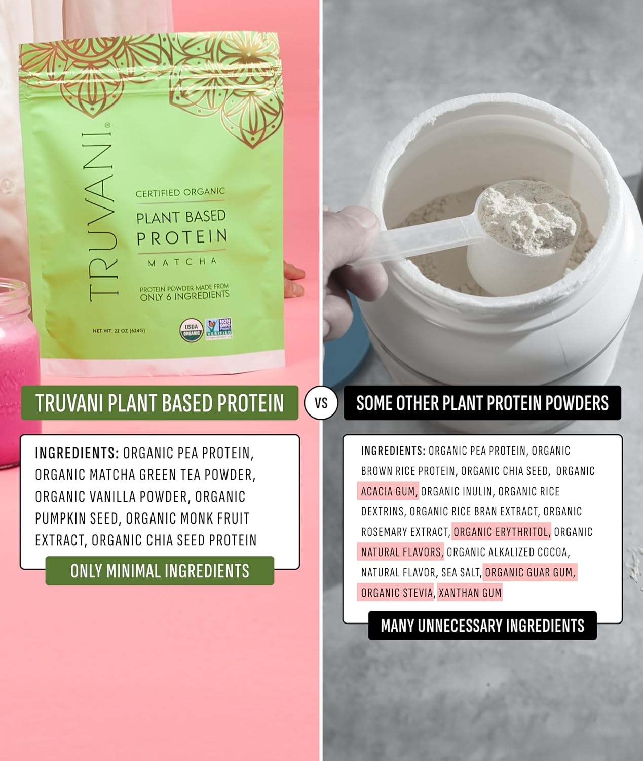 Truvani Vegan Pea Protein Powder | Matcha | 20g Organic Plant Based Protein | 20 Servings | Keto | Gluten & Dairy Free | Low Carb | No Added Sugar
