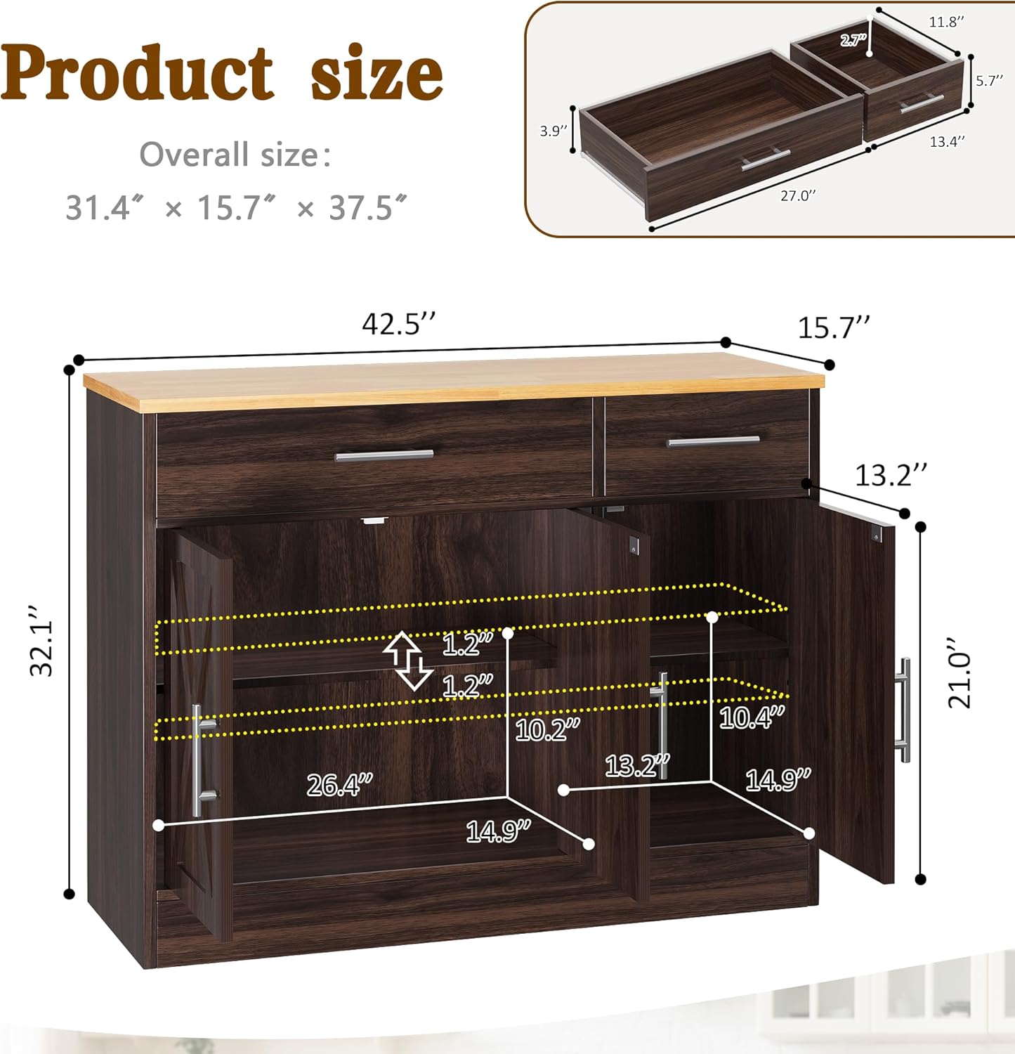 Vongrasig Sideboard Buffet Cabinet with Storage, 43” Farmhouse Coffee Bar Storage Cabinet with Drawers and Shelves, Modern Buffet Table for Kitchen, Dining Room, Rustic Brown