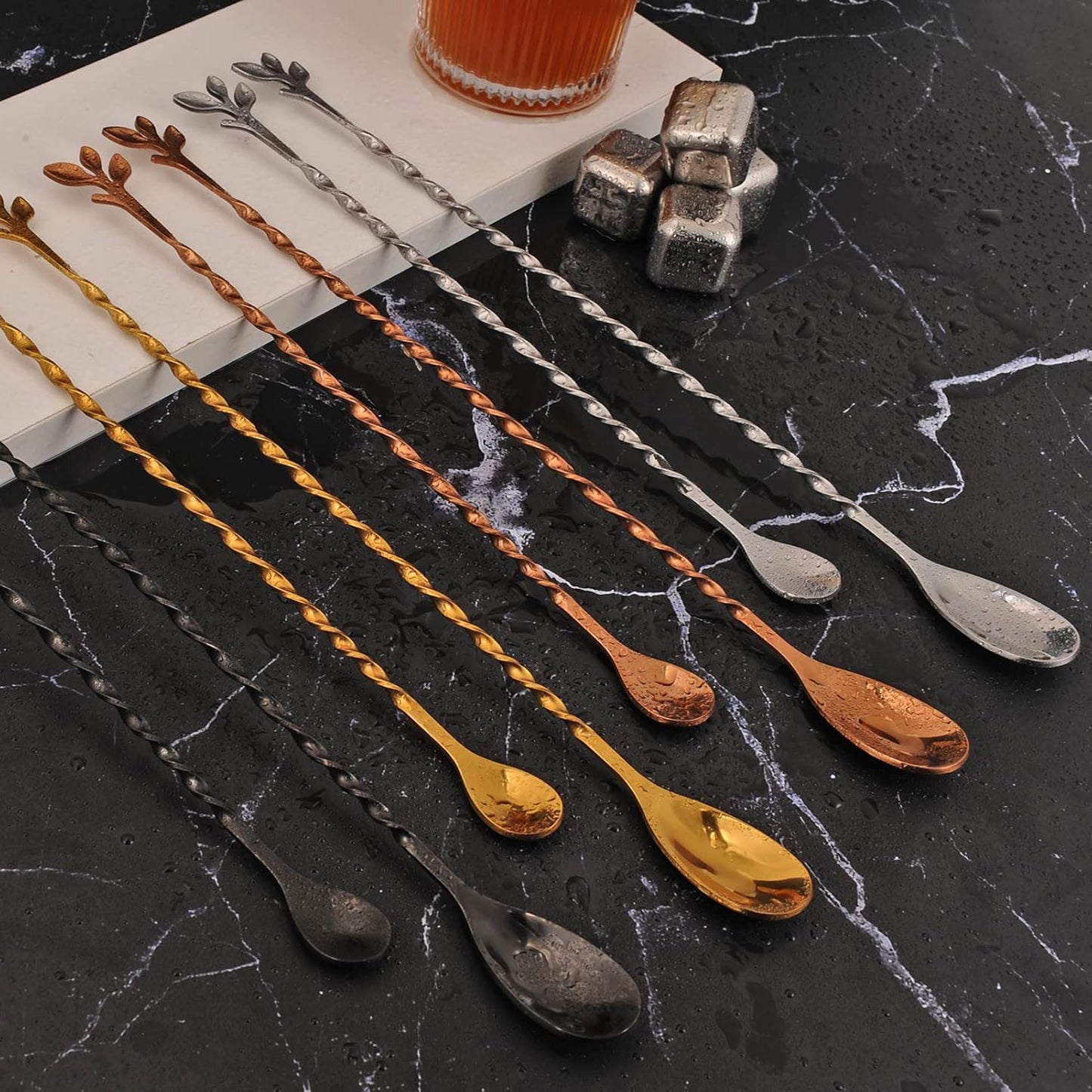 AnSaw Rose Gold 12-Inch Stainless Steel Cocktail Spoon with Leaf Handle - Perfect for Mixing & Layering Drinks in Tall Cups, Bar & Shakers - Durable Long Handle Bar Stirrer,1-Pieces
