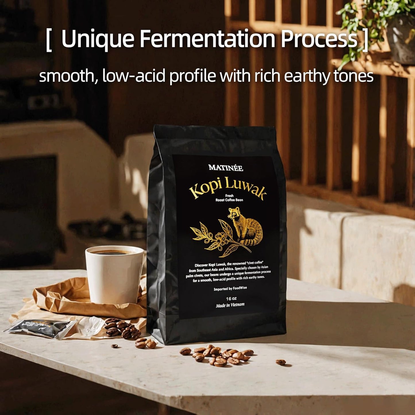 MATINÉE Wild Kopi Luwak Coffee Beans, Medium Roast, Whole Bean Coffee, Civet Coffee, Wild Kopi Luwak Coffee - Sustainably Sourced From Vietnam, 16oz / 454 Grams