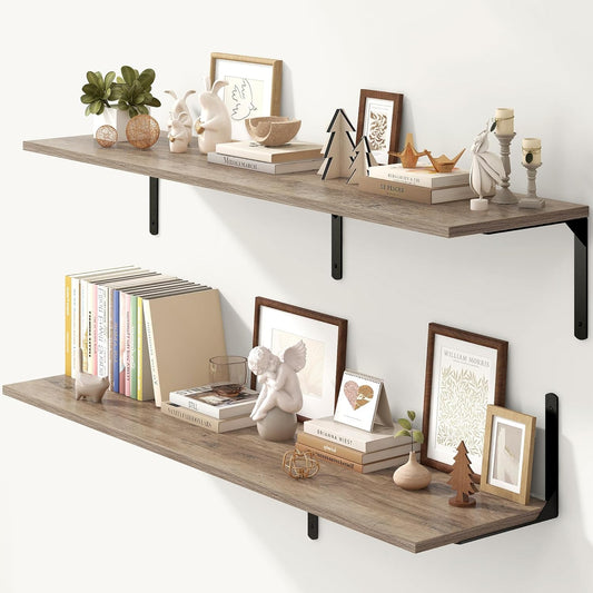 Fun Memories Floating Shelves for Wall, 12 Inch Deep Floating Shelves Set of 2, Wall Mounted Shelf with Metal Brackets, Rustic Wood Wide Shelf for Bathroom, Kitchen and Living Room, Grey, 55W x 12D