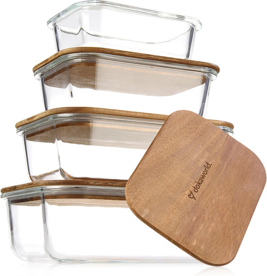 Glass Tupperware Set with Acacia Lids - 4 Stackable Meal Prep Containers. Durable heat resistant Inert Borosilicate Glass