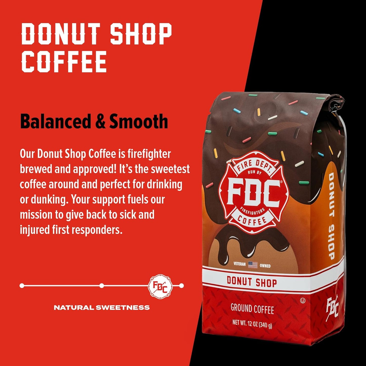 Fire Department Coffee - Gives Back to Firefighters - Sweet & Smooth Donut Shop Coffee Beans - Medium Roast - Roasted in the USA - Veteran Owned - 12 oz