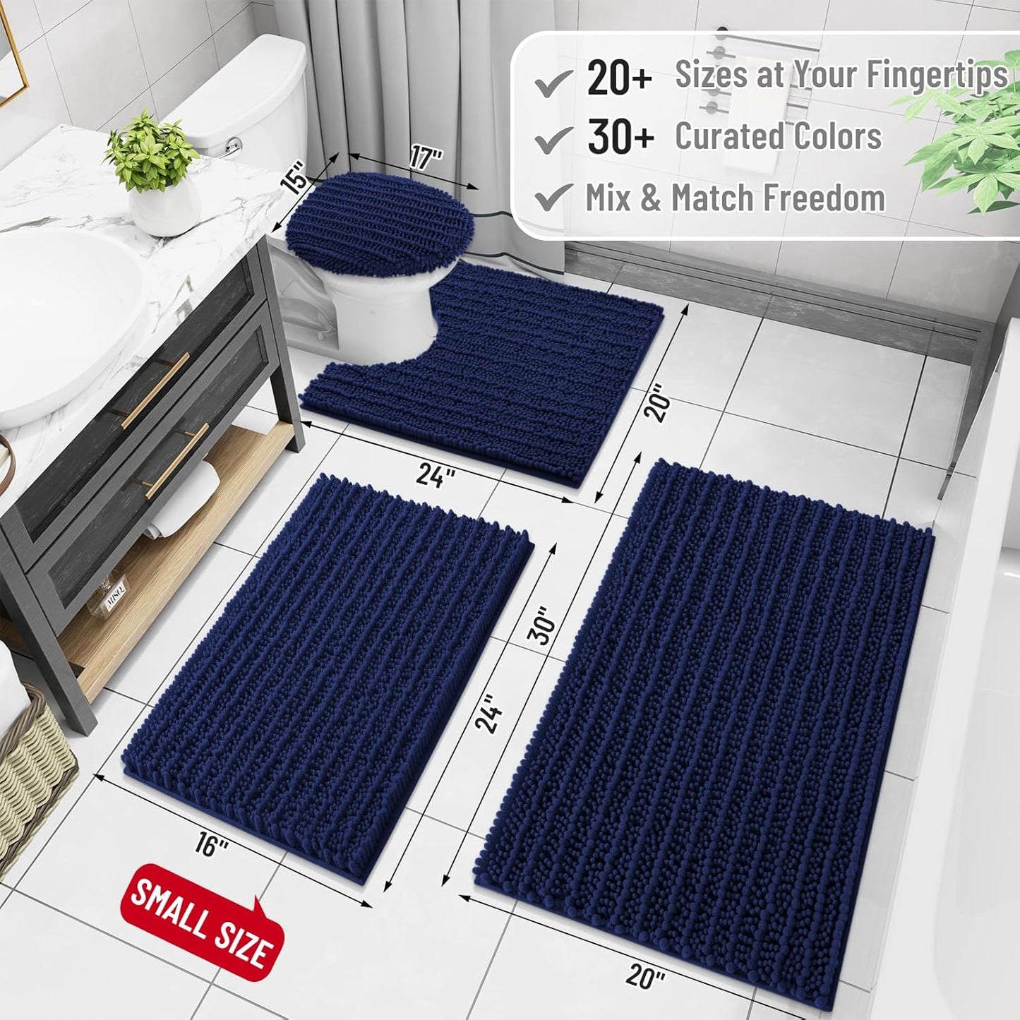 Arotive Luxury Chenille Bathroom Rug Mat, Extra Soft Thick Absorbent Shaggy Bath Rugs, Non-Slip Machine Wash Dry, Plush Bath Mats for Bathroom, Shower and Tub, 40x32, Navy