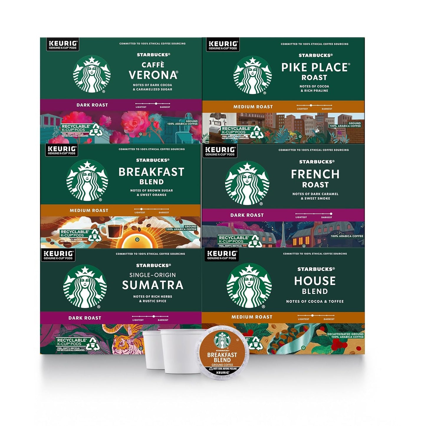 Starbucks K-Cup Coffee Pods, Medium And Dark Roast Coffee Variety Pack for Keurig Brewers, 100% Arabica, 6 Boxes (60 Pods Total)