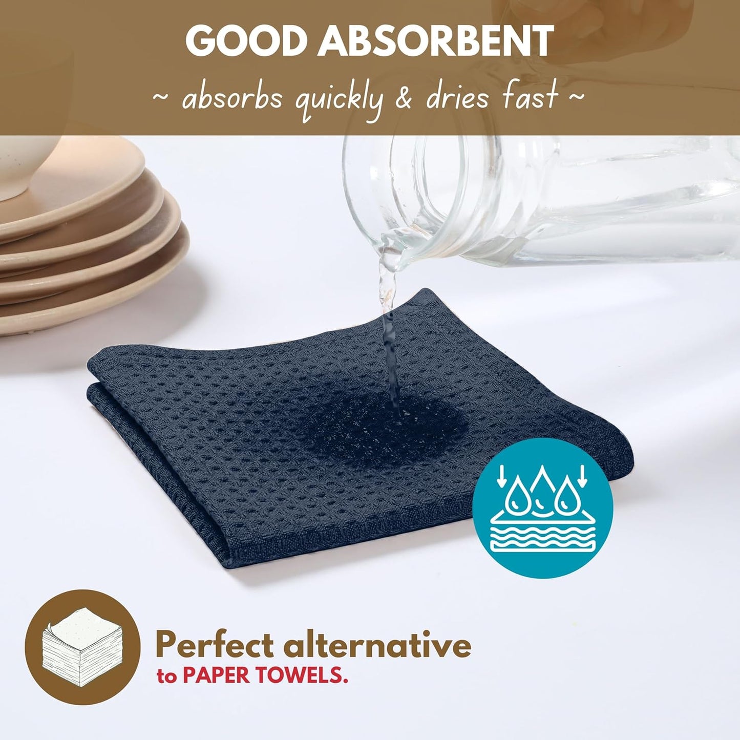Native Fab Waffle 18 Pack Dish Cloths Set - 100% Cotton, 12"x12", Absorbent, Quick Dry, Washable Towels for Cleaning, Cooking & Drying Dishes - Great for Home, Restaurants, Cafes, Bars - Navy Blue