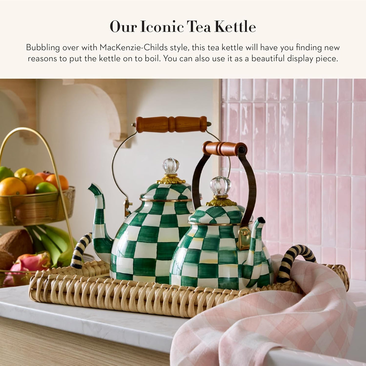 MACKENZIE-CHILDS Enamel Tea Kettle, Stylish Tea Kettle for Stovetop, Green-and-White Emerald Check, 2 Quarts