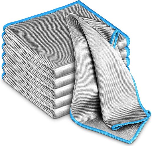 Glass Polishing Cloth Streak Free Miracle Microfiber Cleaning Cloth Lint Free Cleaning Rags for Glasses Kitchen Dish Mirrors Easy Clean, Pack of 6, 12" x 12", Sliver-Blue