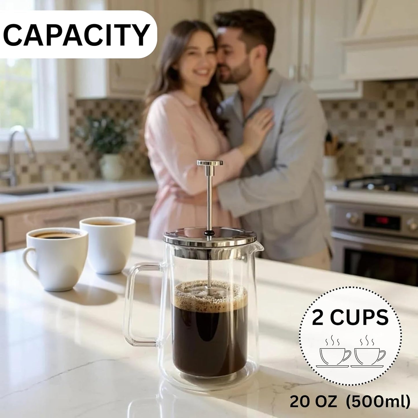 French Press Coffee & Tea Maker, 20 Ounce (500ml) – Thickened Double Wall Borosilicate Glass, 2-Cup, BPA Free, Small Coffee Press for Home, Office, Dorm, Gifts