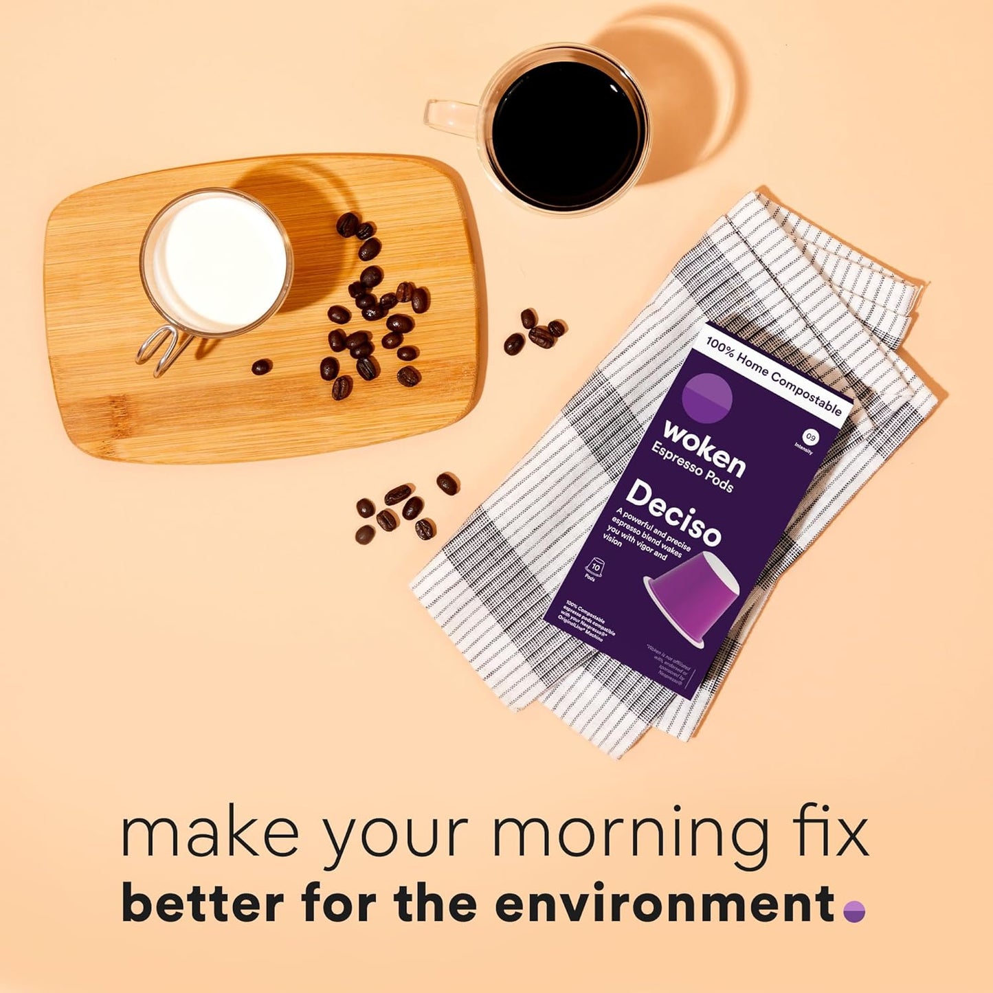 WOKEN COFFEE Compostable Nespresso Pods - Deciso Dark Roast Italian Espresso Coffee Capsules Compatible With Nespresso Coffee Machine (60 Pod Count, 6 Boxes)