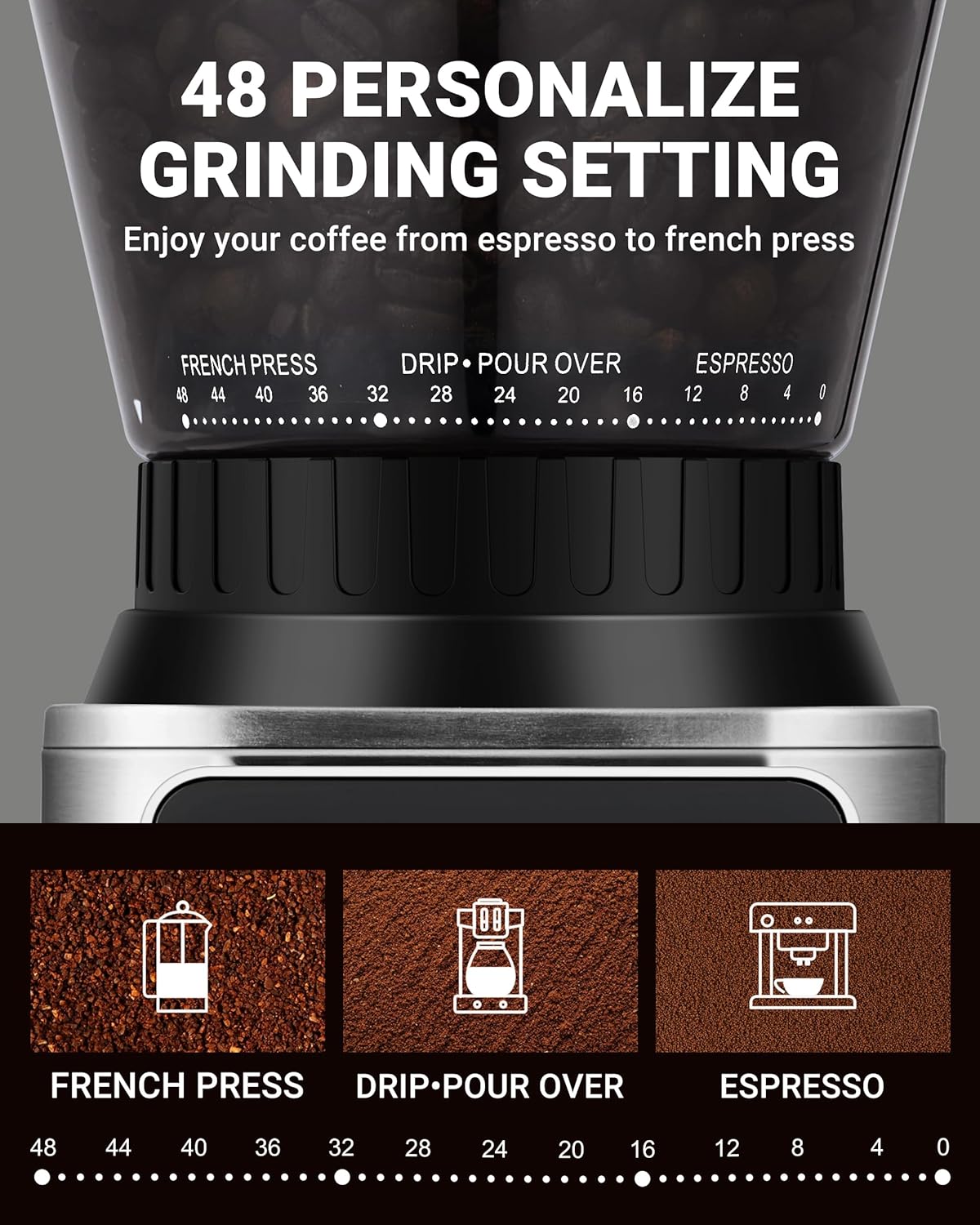 AMZCHEF Coffee Grinder, Burr Coffee Bean Grinder for Home Use with 48 Precise Grind Settings, Detachable Funnel Stand for Espresso, LED Control Panel, Anti-static Design, silver