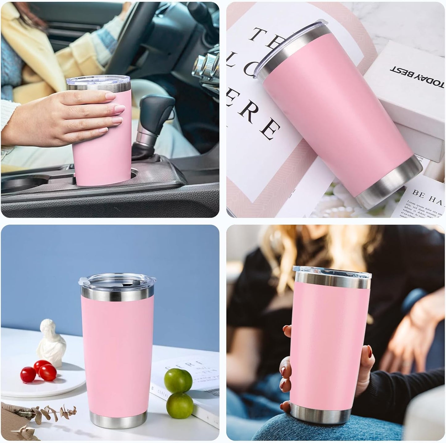 OMTech 20oz Tumblers Bulk, 6pc Stainless Steel Tumbler Set with Lid & Straw, Double Wall Vacuum Insulated Mug for Laser Engraver, Travel Coffee Mug for Hot & Cold Drinks, Pink Powder Coated Cup