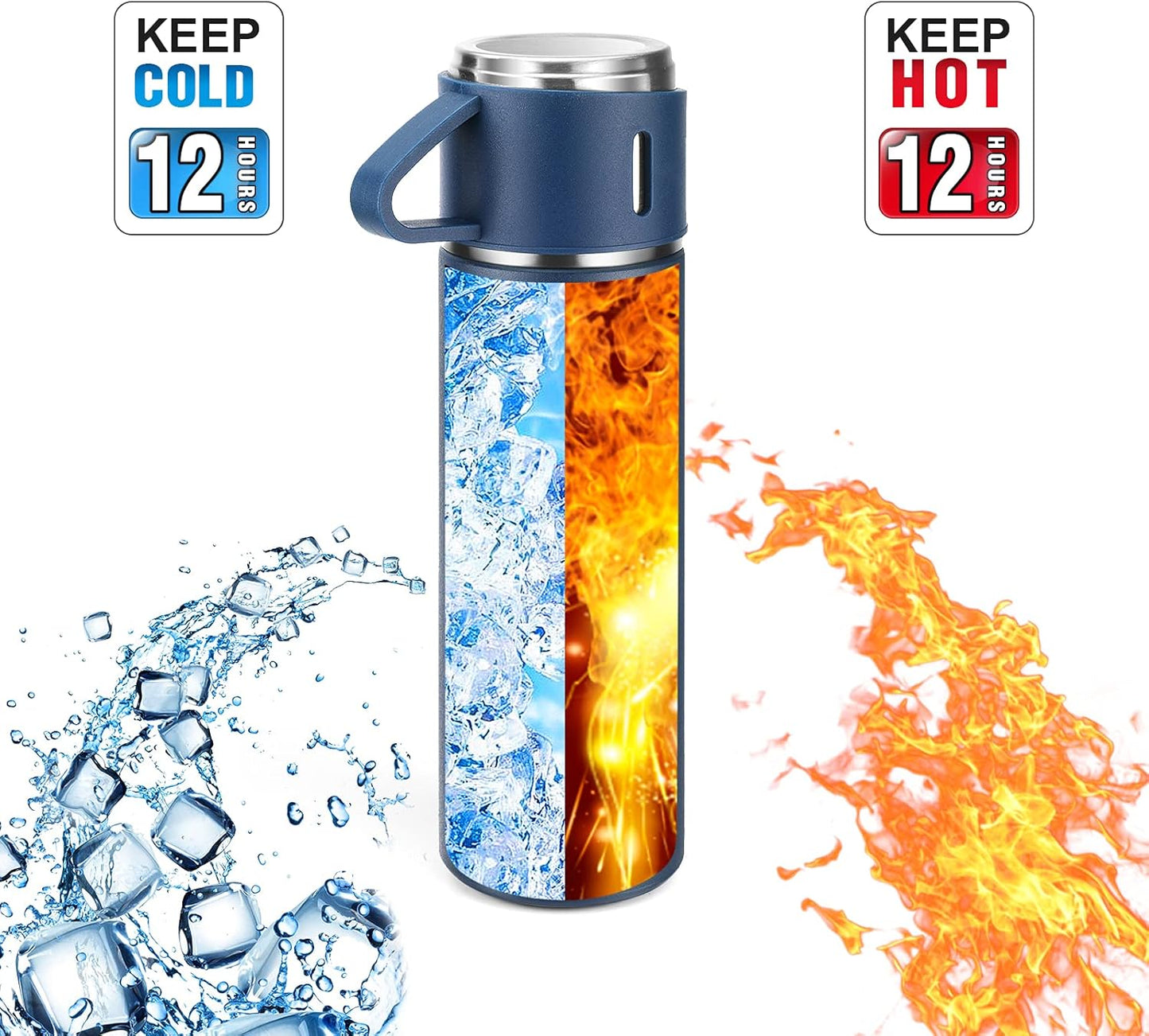 Stainless Steel Thermo 500ml/16.9oz Vacuum Insulated Bottle with Cup for Coffee Hot drink and Cold drink water flask.(Blue,Set)