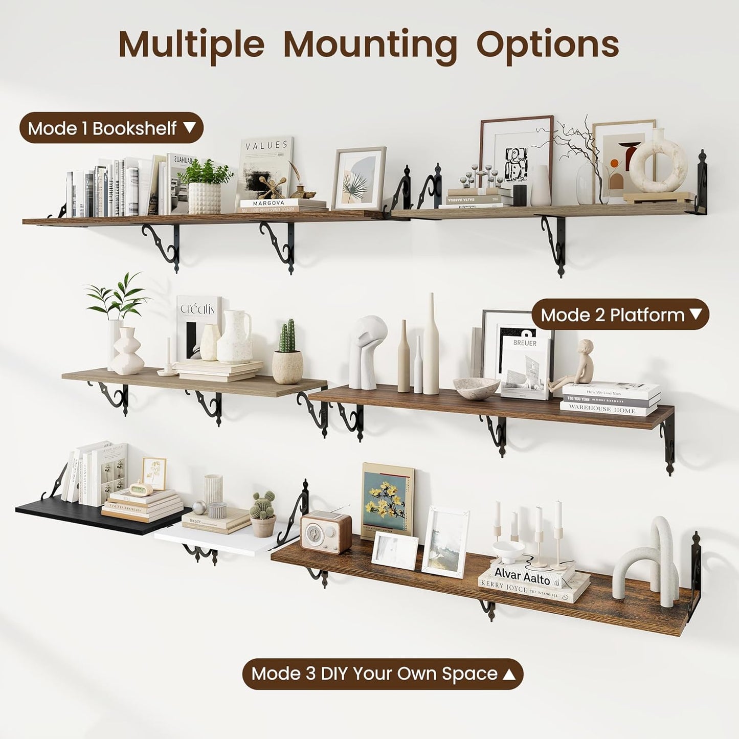 RICHFOCUS 12 Inch Deep Floating Shelves for Wall, 36" W x 12" D Wood Wall Shelves Set of 2, Wide Floating Shelves for Living Room, Bedroom, Kitchen, Bathroom and Decor Storage, Rustic Brown
