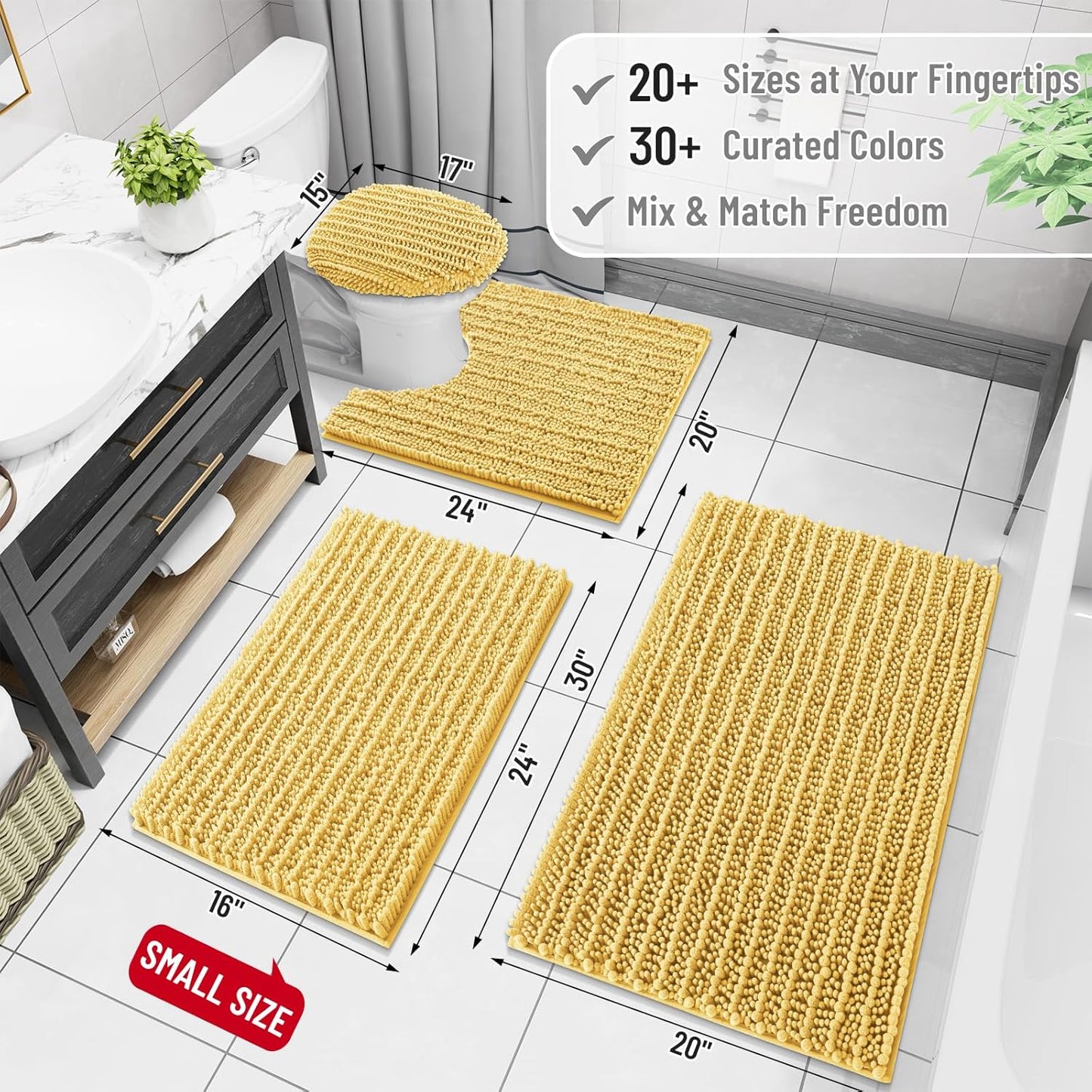 Arotive Luxury Chenille Bathroom Rug Mat, Extra Soft Thick Absorbent Shaggy Bath Rugs, Non-Slip Machine Wash Dry, Plush Bath Mats for Bathroom, Shower and Tub, 47x24, Yellow