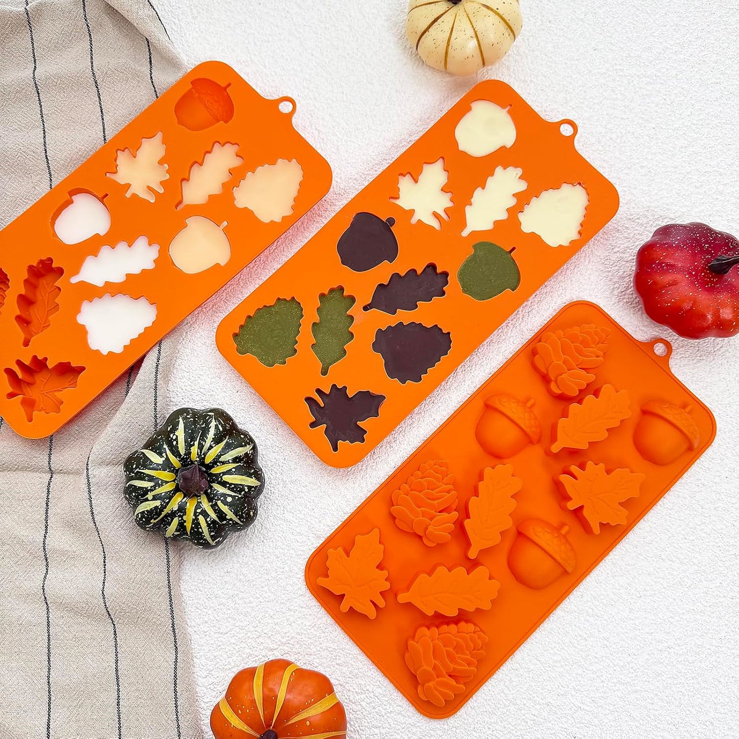 3Pack Fall Chocolate Mold Thanksgiving Silicone Candy Molds Halloween Autumn Harvest Festival Baking Mold Chestnuts, Pine Cones, Maple Leaves Acorn Shape Cake Molds for Cake Cupcake Toppers