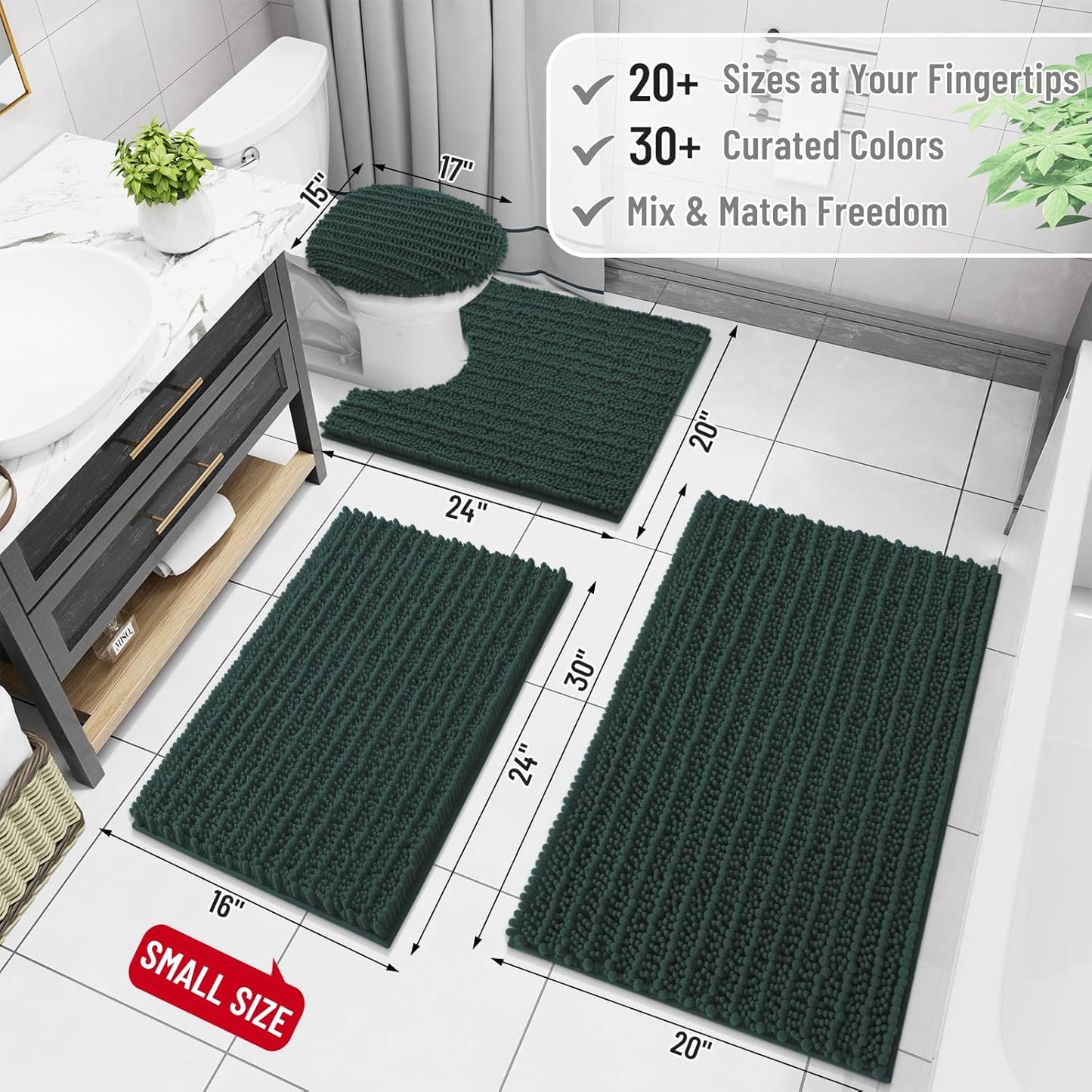 Arotive Luxury Chenille Bathroom Rug Mat, Extra Soft Thick Absorbent Shaggy Bath Rugs, Non-Slip Machine Wash Dry, Plush Bath Mats for Bathroom, Shower and Tub, 59x35, Dark Green