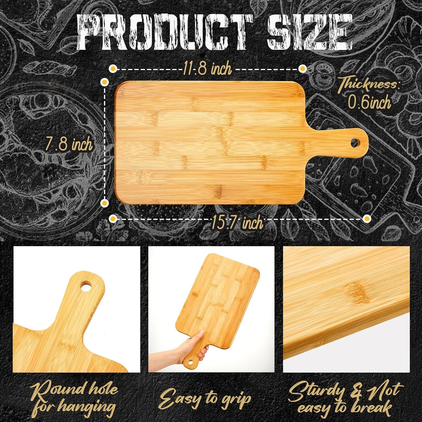 Nuenen 30 Pcs Wood Cutting Board with Handle 15.7 x 7.8 Inch Acacia Bamboo Wooden Serving Kitchen Chopping Boards for Pizza, Bread, Cheese, Charcuterie, Fruit, Vegetables (Bamboo)