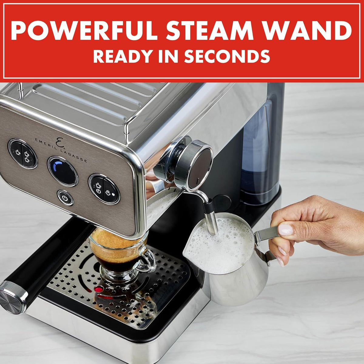 Emeril Lagasse Semi-Automatic 15-Bar Pro Espresso Machine with Milk Frother Steam Wand, Stainless Steel Finish, Double Shot, 37oz Removable Water Tank, Auto Shut-Off, 1350W