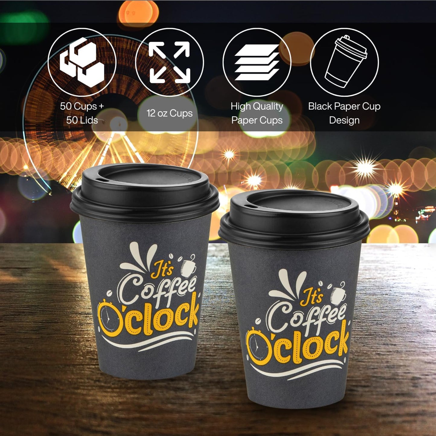 Smygoods Disposable Coffee Cups with Lids, To Go Paper Hot Cups, Coffee O'Clock Design (12 OZ, 50 Count) For Hot Beverages, Coffee, Tea, Espresso, Cocoa - Vasos Para Cafe