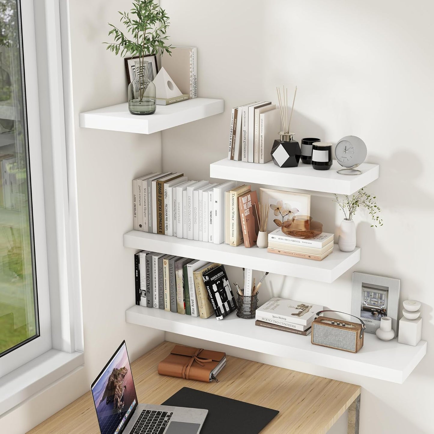 White Floating Shelves 24 Inch Long, 9.3 Inch Deep Floating Shelves for Wall, Rustic Solid Wood Shelves, Deep Wall Shelves for Living Room, Bedroom, Kitchen, 24"W x 9.3"D x 1.6"H, Set of 2